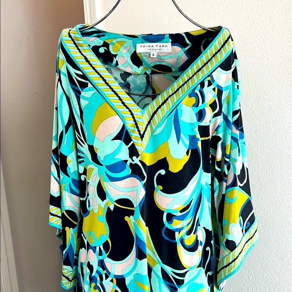 Trina Turk Vibrant Blue and Yellow V-Neck tunic dress size 6.